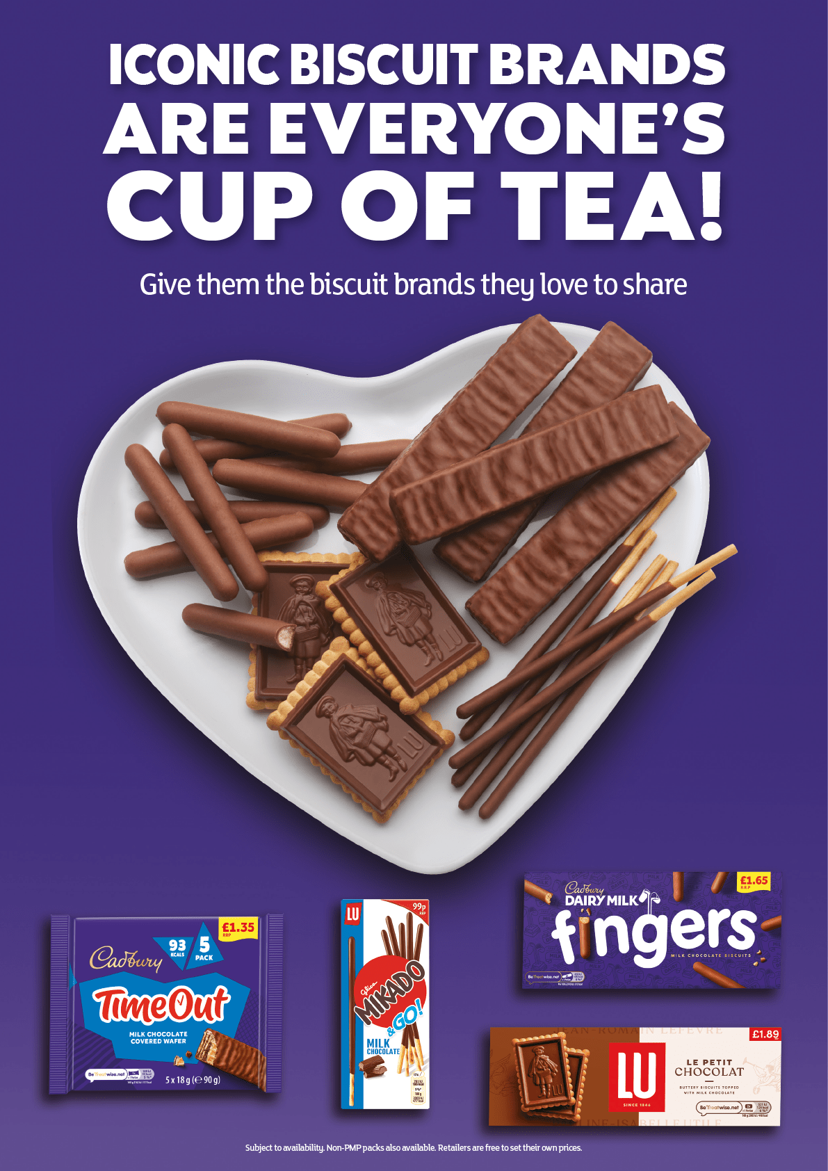 A purple advertisement for biscuit brands. Description generated by AI