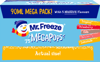 A box of Mr. Freeze Mega Pops with 7 different flavors. Description generated by AI