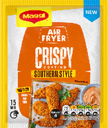 A bag of crispy fried chicken with a yellow background. Description generated by AI