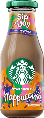 A bottle of Starbucks coffee drink with a pink, orange, and green label. Description generated by AI