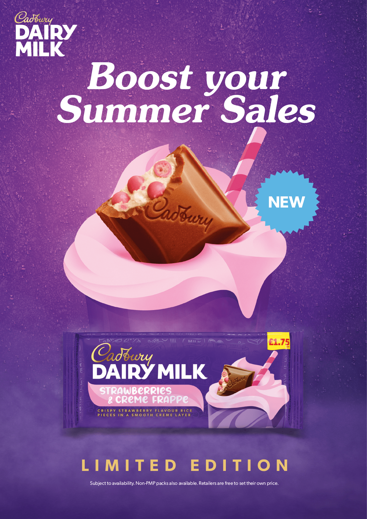 A purple and white advertisement for Dairy Milk. Description generated by AI