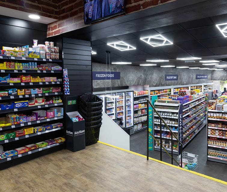A store with a black and white checkered floor. Description generated by AI