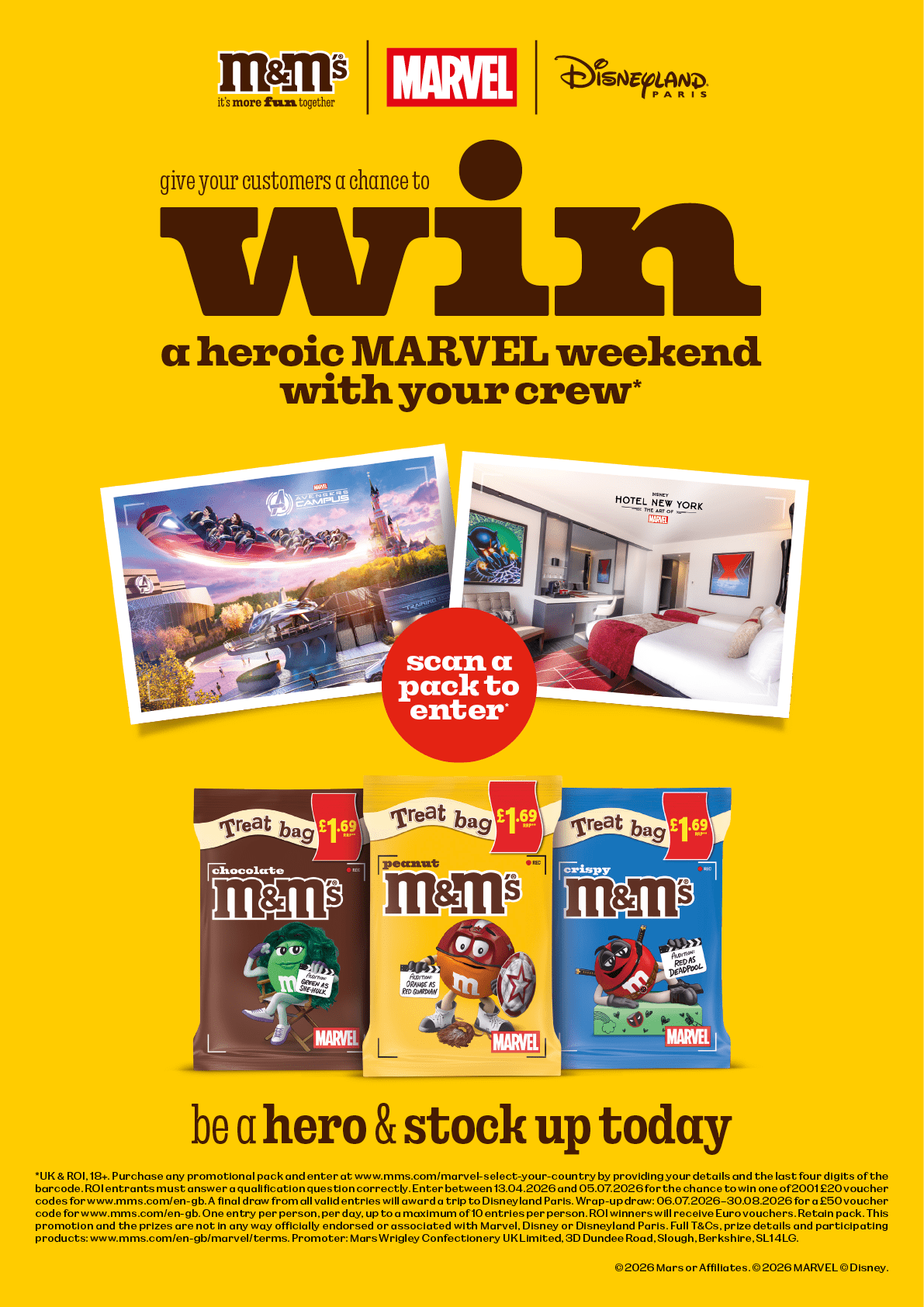 A yellow advertisement for a Marvel weekend with a picture of a couch and a bed. Description generated by AI