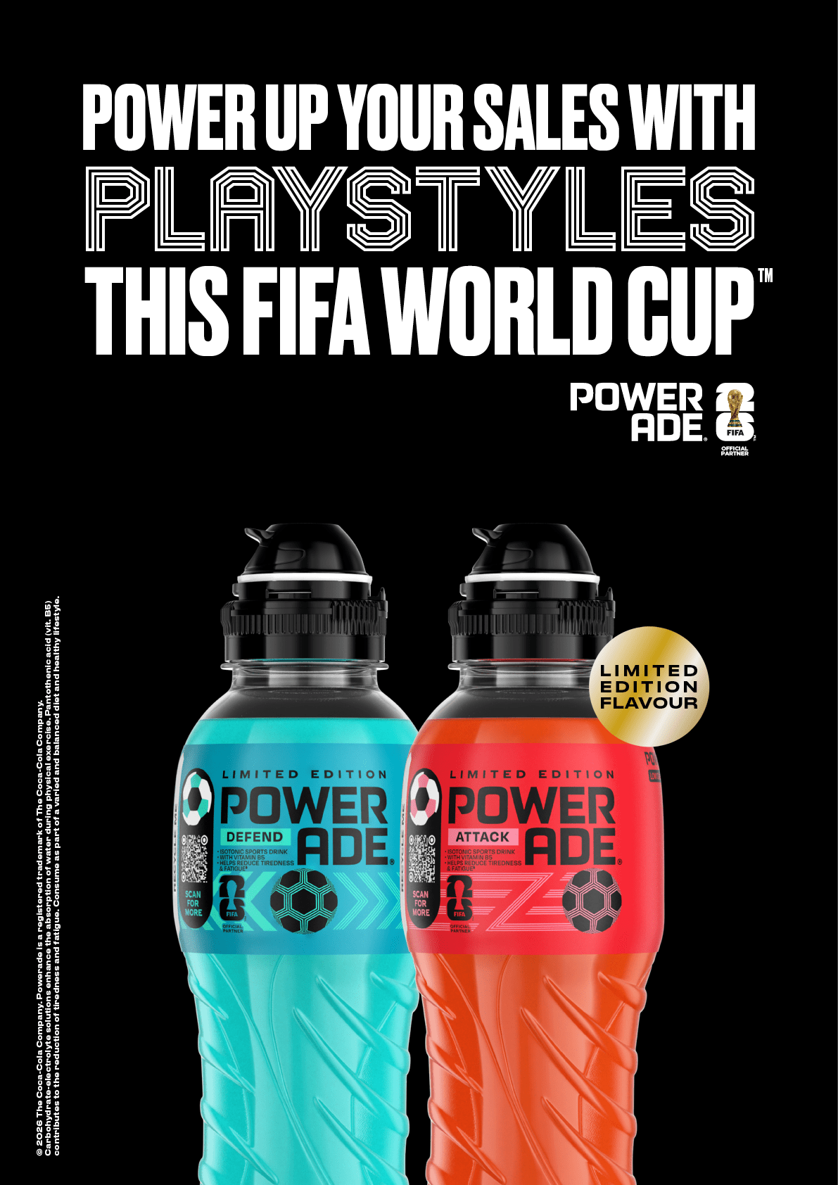 Two limited edition Powerade bottles in blue and red colors are displayed with text promoting sales for the FIFA World Cup. Description generated by AI