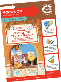A promotional poster for Cruzcampo Sevilla beer highlighting a new Sevilla orange flavor and emphasizing the brand's focus on attracting new shoppers and market trends in beer and cider. Description generated by AI