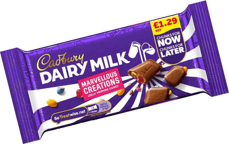 A Cadbury Dairy Milk Marvellous Creations chocolate bar with jelly popping candy pieces is shown with a purple and white striped wrapper. Description generated by AI