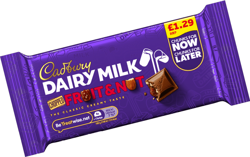 A purple Cadbury Dairy Milk chocolate bar wrapper labeled “Chopped Fruit & Nut" with an image of a chocolate square with nuts. Description generated by AI