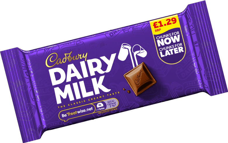 A purple Cadbury Dairy Milk chocolate bar wrapper with a small piece of chocolate shown on it. Description generated by AI