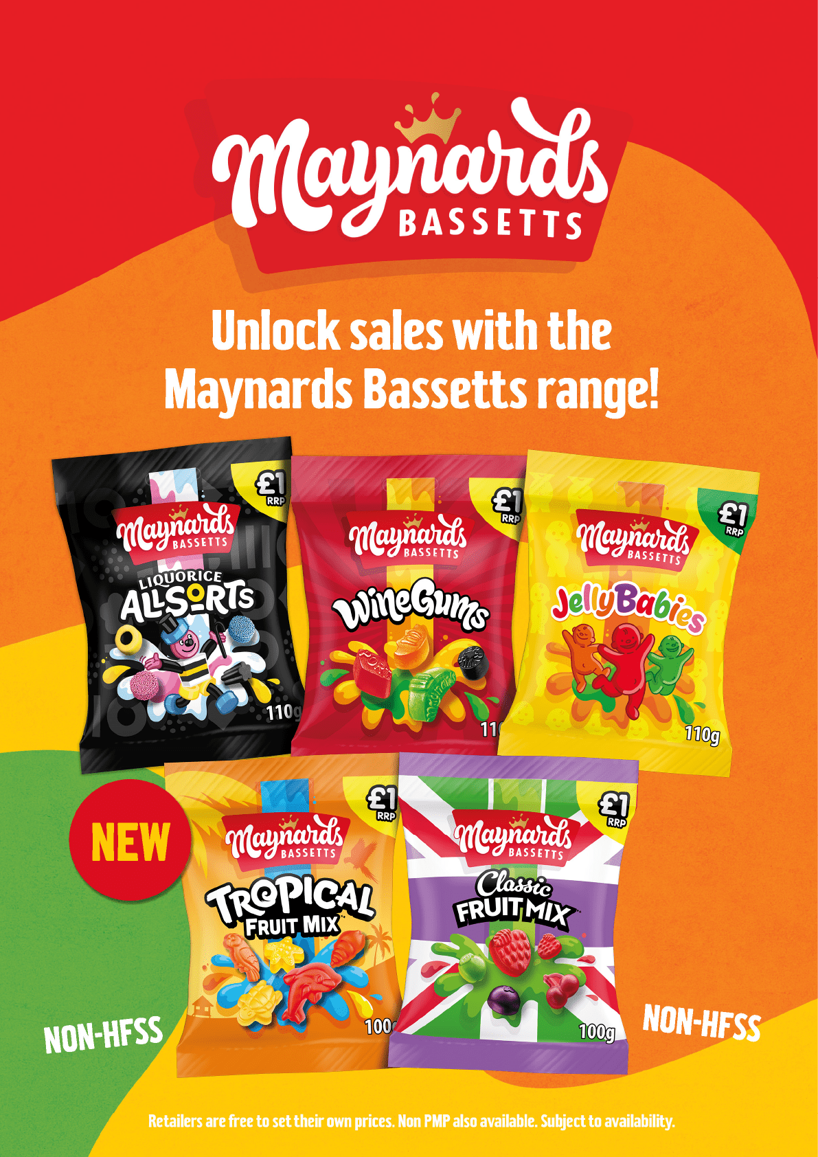 Five colorful packets of Maynards Bassetts candy varieties are displayed against a bright red, orange, and green background with text promoting unlocking sales with the Maynards Bassetts range. Description generated by AI