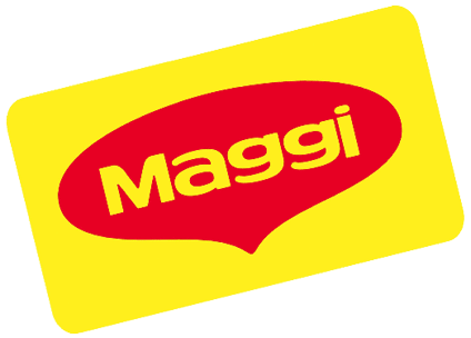 The Maggi logo features the brand name in yellow text inside a red speech bubble shape on a yellow rectangular background with rounded corners. Description generated by AI