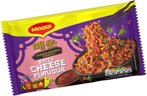 A colorful package of Maggi Korean inspired spicy cheese flavored noodles with an image of noodles being lifted by chopsticks. Description generated by AI