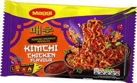 Maggi Korean inspired Kimchi Chicken flavored noodles packaging with an image of spicy noodles being lifted with chopsticks above a bowl and a small dish of sauce beside it. Description generated by AI