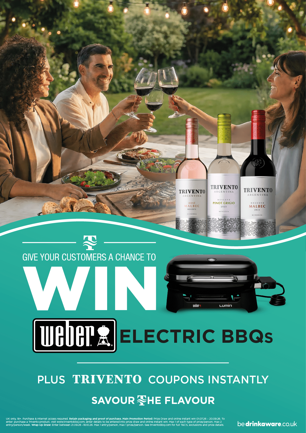 People sitting outdoors at a table with food and wine glasses raised in a toast alongside an advertisement for a chance to win Weber electric BBQs with Trivento wine coupons. Description generated by AI