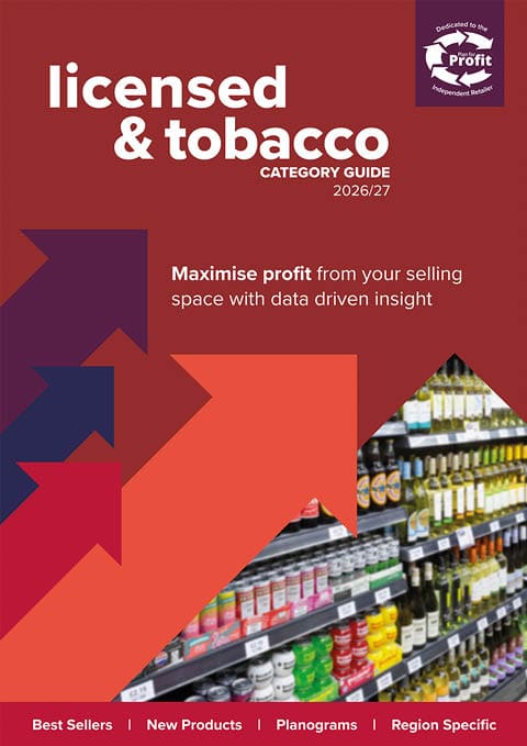 A category guide cover for licensed and tobacco products featuring colorful upward arrows and a blurred store shelf with various bottles and cans. Description generated by AI
