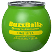 A green spherical can labeled BuzzBallz ready-to-drink cocktails with lime 'Rita lime margarita flavor and alcohol content information. Description generated by AI