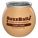 A round, beige can labeled BuzzBallz Ready-to-Go Cocktails Choc Tease with alcohol content information. Description generated by AI