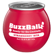A red, round container labeled BuzzBallz Ready-to-Go Cocktails Strawberry 'Rita with an alcohol content of 13.5% by volume. Description generated by AI