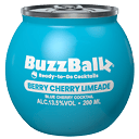 A blue spherical container labeled BuzzBallz Ready-to-Go Cocktails with the flavor Berry Cherry Limeade and alcohol content information. Description generated by AI