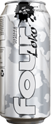 A close-up of a beverage can label showing an alcohol content of 8.4 percent by volume with stylized black and white graphics. Description generated by AI