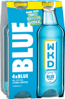 A six-pack of WKD Blue bottles with packaging highlighting that it is made with triple distilled vodka. Description generated by AI