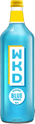 A close-up of a bottle neck with a yellow cap, a white and yellow label, and a blue liquid inside. Description generated by AI