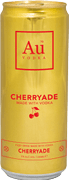 A close-up of a gold-colored can with red text reading “Au VODKA." Description generated by AI