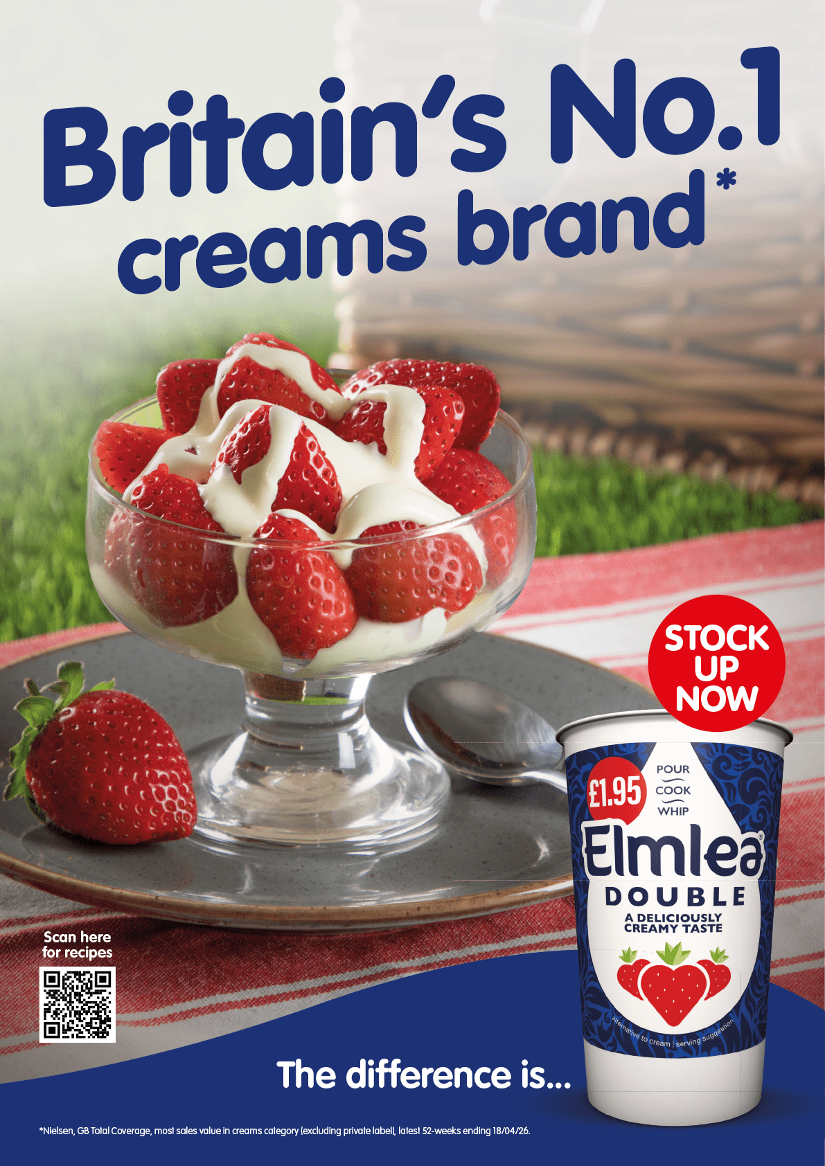 A glass dessert bowl filled with strawberries topped with cream sits on a plate next to a spoon and a container of Eimlea Double cream with text promoting it as Britain’s number one creams brand. Description generated by AI