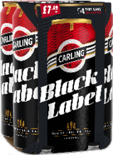 Three cans of Carling Black Label beer. Description generated by AI