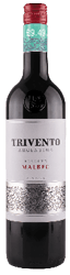 A bottle of Trivento Argentina Reserve Malbec wine with a red cap and decorative silver label. Description generated by AI