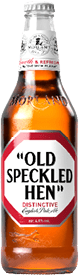 A bottle of beer with a red and white label that says “Old Speckled Hen" on it. AI generated content