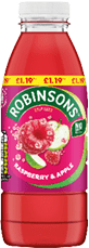 A bottle of red juice with a label that says Robinsons. Description generated by AI