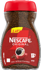 A bottle of Nescafe Original coffee. Description generated by AI
