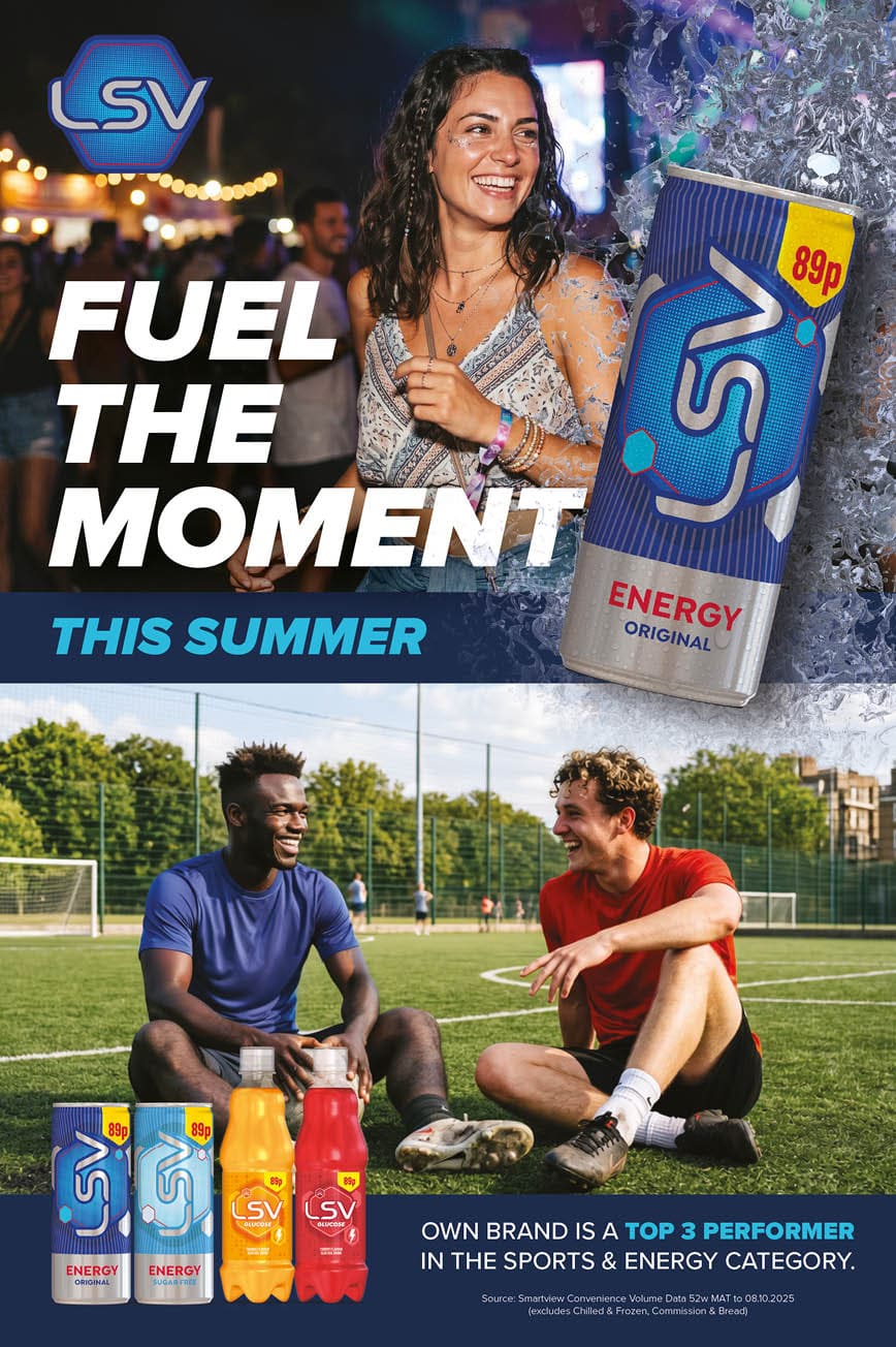 Two people sitting on a soccer field with sports drinks and energy cans nearby, accompanied by a promotional message for an energy drink brand. Description generated by AI
