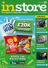 A magazine cover for independent retailers features a promotion for a chance to win cash and cricket tickets with images of two snack bags and highlights articles about fresh energy for retailing, summer drinks, and preparing for a DRS rollout. Description generated by AI
