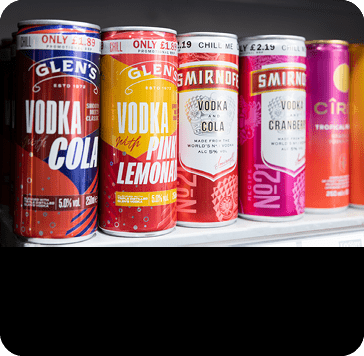 Cans of flavored vodka drinks including Glen's Vodka Cola, Glen's Vodka with Pink Lemonade, Smirnoff Vodka and Cola, and Smirnoff Vodka Cranberry are displayed on a store shelf. Description generated by AI