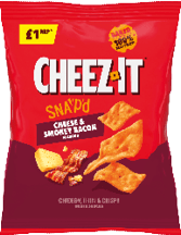 A red and dark maroon bag of Cheez-It Snap'd baked snacks with cheese and smokey bacon flavor and images of cheese, bacon, and square crackers on the front. Description generated by AI
