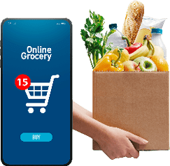 A hand holding a grocery bag filled with fresh produce and a smartphone screen displaying an online grocery shopping app with a shopping cart icon and a notification. Description generated by AI