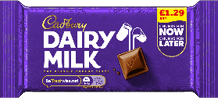 A purple chocolate bar wrapper with the word “MILK" in large white letters, a piece of chocolate, and nutritional information. Description generated by AI