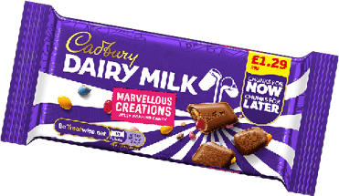 A purple and white striped candy wrapper labeled Marvellous Creations Jelly Popping Candy with images of chocolate chunks and colorful candy pieces. Description generated by AI