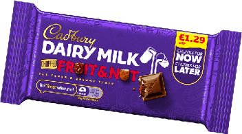 A purple wrapper for a chocolate bar labeled “Fruit & Nut" with an image of a chocolate square and text promoting classic creamy taste and chunks for later. Description generated by AI