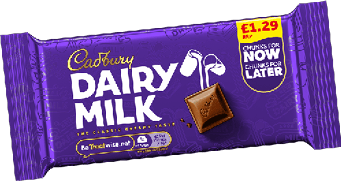 A purple wrapper of a Cadbury Dairy Milk chocolate bar with a piece of chocolate shown on the packaging. Description generated by AI