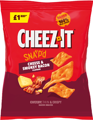 A red and dark purple bag of Cheez-It snacks labeled “Sna'pd Cheese & Smokey Bacon flavour" with images of cheese, bacon, and three snack pieces on the front. Description generated by AI