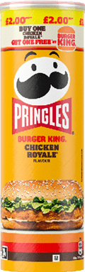 A colorful advertisement featuring bold red and black text on a yellow background promoting a buy one get one free offer for a chicken royale product. Description generated by AI