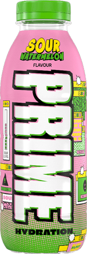 A close-up of a product label with bold yellow and green text reading “SOUR WATERMELON FLAVOUR" on a pink background with a green cap above. Description generated by AI