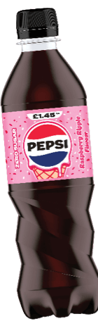 A dark brown plastic bottle with a pink label featuring the Pepsi logo and text indicating a price. Description generated by AI