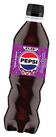 A plastic bottle of Pepsi with a purple label indicating zero sugar and cherry cola flavor priced at £1.45. Description generated by AI