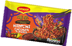 A package of Korean inspired noodles with kimchi chicken flavor featuring an image of spicy noodles being lifted from a bowl. Description generated by AI
