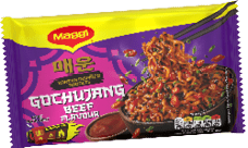 A purple package of Korean inspired noodles labeled Gochujang Beef Flavour with an image of spicy noodles in a pan and a small bowl of sauce. Description generated by AI