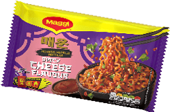 A package of Korean-inspired spicy cheese flavored noodles with an image of cooked noodles being lifted with chopsticks and a bowl of sauce on the side. Description generated by AI
