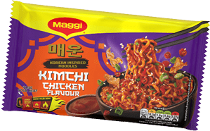 A colorful package of Maggi Korean inspired noodles in kimchi chicken flavor with an image of spicy noodles being lifted by chopsticks. Description generated by AI